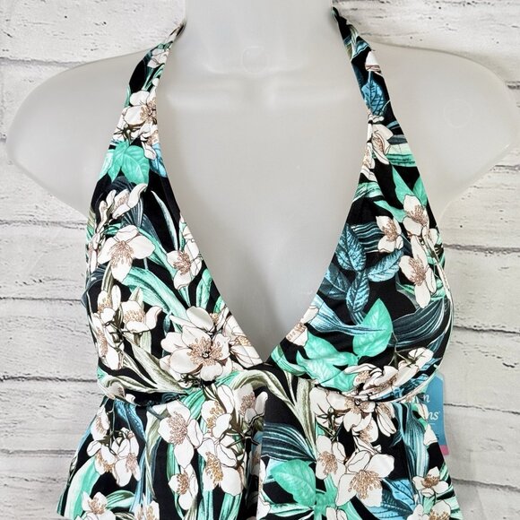 Swim Solutions Vintage Bouquet Triple Tier Halter Tankini Black Floral Size 18 - Picture 3 of 9